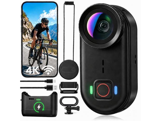 4K Waterproof Mini Action Camera, 64GB WiFi POV Video Wearable Body Camera Magnetic pendant, clip mount, charging base, hands-free POV recording...