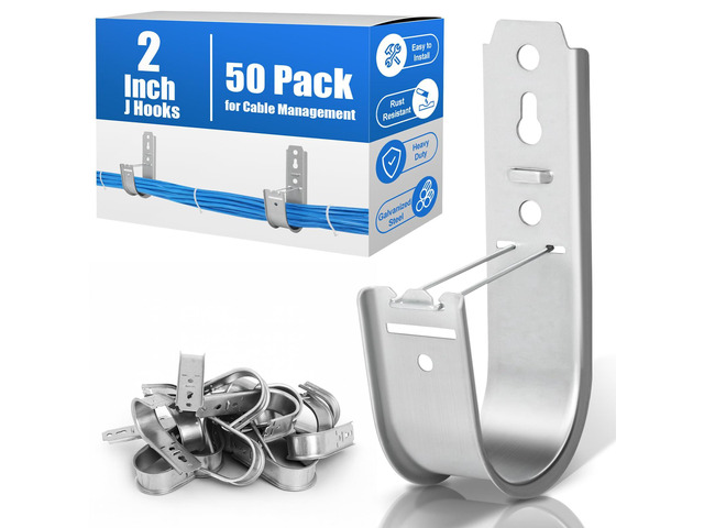 50 Pack2 Inch J Hooks for Cabling, Galvanized Steel Cable Supports Heavy Duty Wall/Ceiling Mount, Retainer Clips for Network Cable Management,...