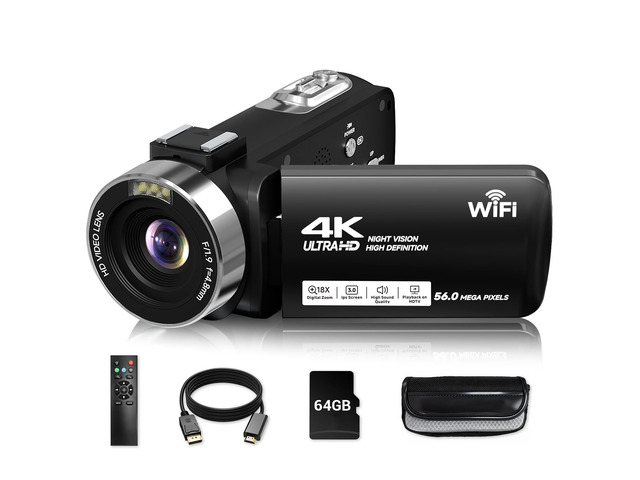 Video Camera, 4K Camcorder 56MP Digital Video Recorder 18X Zoom 3' 270° Rotation Touchscreen IR Night Vision, Wifi Vlogging Camera for YouTube 64GB...