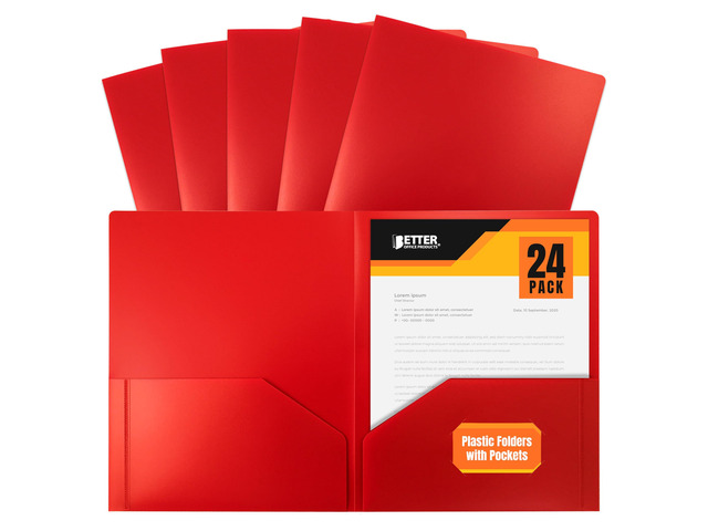 Heavyweight Plastic 2 Pocket Portfolio Folder, Letter Size Poly Folders 24 Pack (Red)