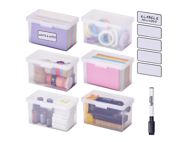 Konnect Storage Containers with Lids, Office Organizer, Clear Plastic Box, Stackable for Index Cards, Labels, 1 Qt, 6 Pack