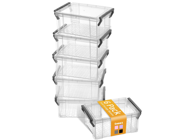 6 Pack Small Plastic Containers with Lids, 6.4' x 4.4' x 2.7' Clear Crayon Box Pencil Case, Stackable Stroage Organizer for Beads Craft Art...