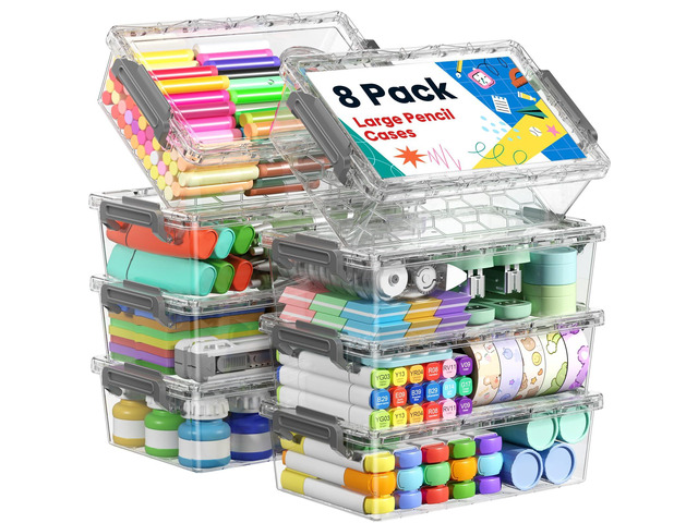 8 Pack Large Pencil Box Set, Plastic Clear Pencil Case Marker Organizer, Crayon Box Craft Organizers, Stackable Storage Containers with Lid for...