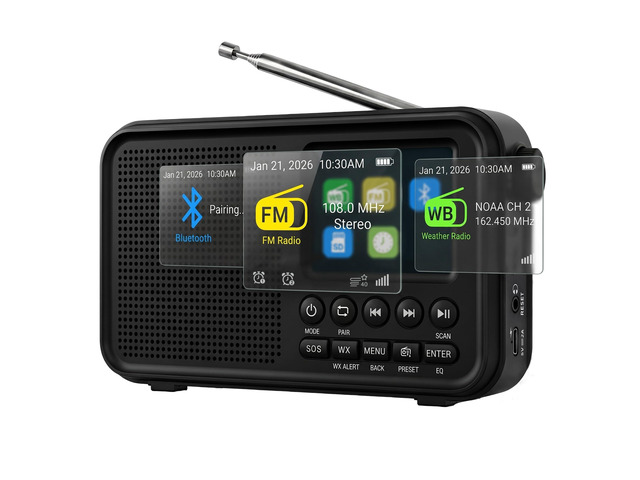 FM Radio with Bluetooth, NOAA Weather Band, 2.4' Color Screen, Rechargeable Portable Radio, Dual Alarms, microSD Playback, USB-C Charging,...