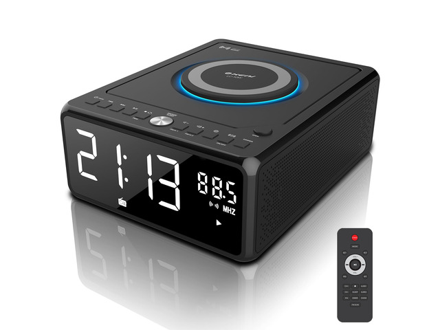 Elegant Home CD Player, Alarm Clock with Wireless Charging, Bluetooth Boombox with Remote, FM Radio (No AM)/AUX/USB/Timer/Dimmer, Portable CD Radio...