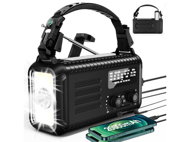 Hand Crank Emergency Radio, NOAA AM/FM Solar, 20000mAh Flashlight SOS 72000mWh Battery, Dual USB Output, 3W Super Bright LED, 8 LED Reading Lamp,...