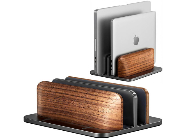 Vertical Laptop Stand, Walnut Dual Laptop Holder, Black with Adjustable Aluminum Alloy Base Laptop Stand for All...