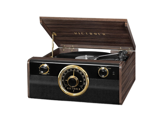 Metropolitan - 4-in-1 Bluetooth Record Player, Radio - Walnut Wood music center plays vinyl, radio, Bluetooth and aux through built-in stereo...
