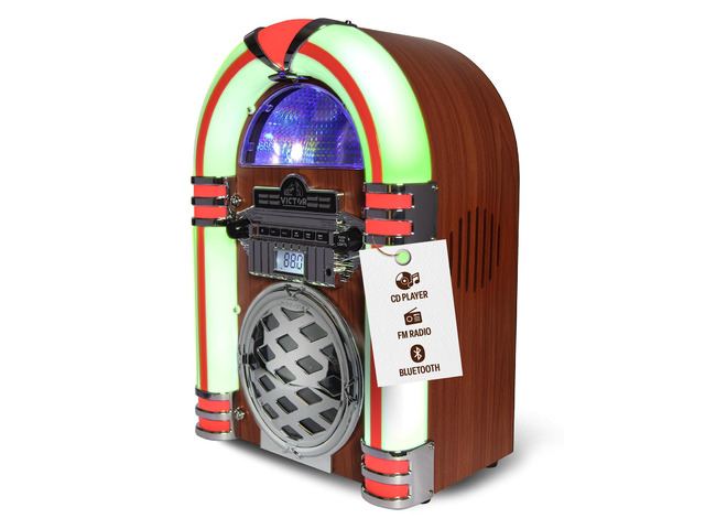 VDTJ-1550 Tabletop Jukebox with Bluetooth, CD Player & FM Radio 15' retro juke box music player, Mini digital speaker with color-changing LEDs,...