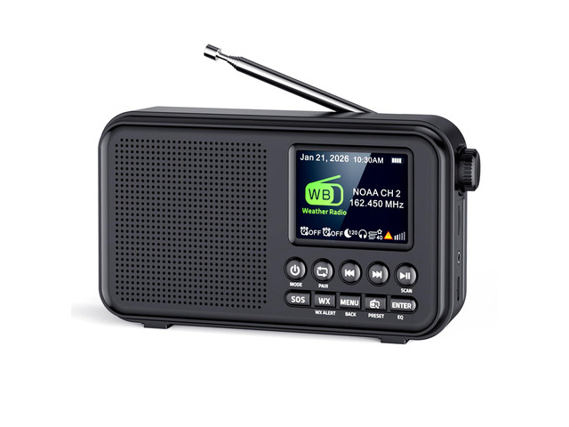 Portable FM Radio with Bluetooth, NOAA Weather Alert, Black 2.4' Color Display, 40 Preset, 8W Clear Sound, 3000mAh Rechargeable, Sleep Timer,...