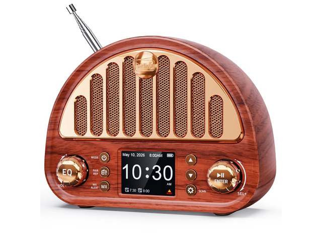 Vintage FM Radio with NOAA Weather Alert, Bluetooth Clock Radio Rechargeable Tabletop Design for Bedroom and Home, 2' Color Display, Dual Alarm,...