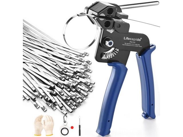 Metal Zip Ties Tool, Stainless Steel Zip Tie Gun with Built-in Cutter, Adjustable Fastening Cutting Zip Tie Tool with 100pcs 11.8in Self-Locking...