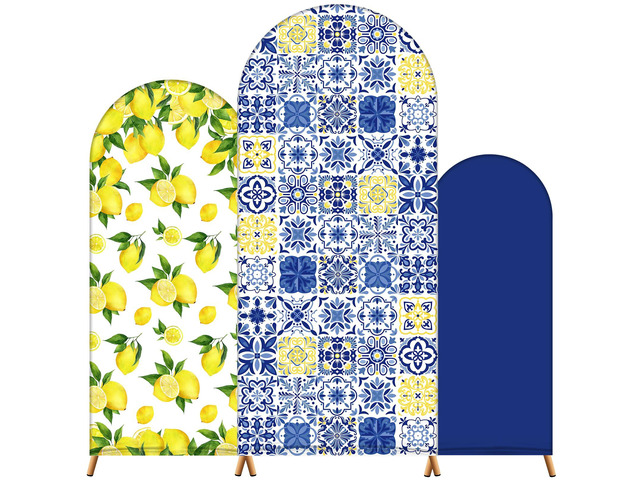 Set of 3 Amalfi Coast Wedding Arch Backdrop Cover, 4ft, 5ft, 6ft Mediterranean Blue Tiles Lemon Birthday Party Decoration, Spandex Arch Stand...