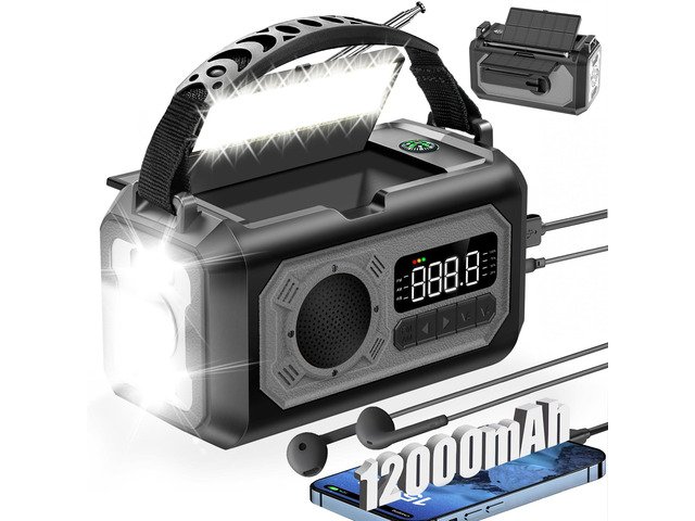 12000mAh Emergency Weather Radio, Hand Crank Solar Radio Portable AM/FM/NOAA Radio with 2 Solar Panels 3 Charging Methods SOS Alarm 3 Mode...