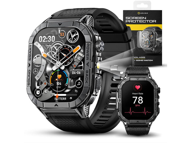 Echo Smartwatch for Men, Tactical Square Smart Watch, 2.13 Inch AMOLED Big Face Display, 480mAh, Built-in Flashlight, Compass, Bluetooth Calling,...