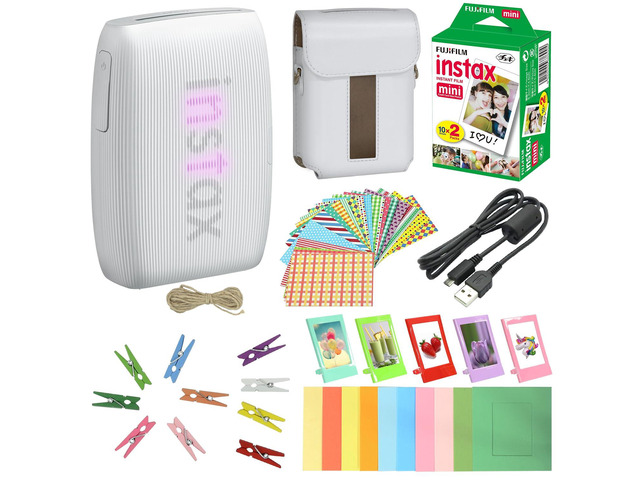 Bundle with Compatible Fuji Mini Link 3 Smartphone Printer Clay White + Fuji Film Value Pack 20 Sheets Accessories Bundle with Album + 5 Plastic...