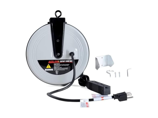 25 FT Retractable Extension Cord Reel with 3 Electrical Outlets, 16AWG/3C SJTW Power Cord for Indoor & Outdoor Use, UL Listed