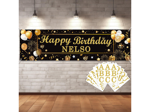 Personalized Birthday Banner Happy Birthday Party Decoration Custom DIY Black Gold Birthday Party Backdrop with Name Alphabet Letter Sticker Happy...