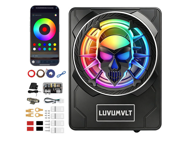 1200W 10' Skull Car Subwoofer with APP-Controlled RGB Beat-Sync Lights, Slim Under Seat Powered Built-in Amplifier, Low Pass Filter/Gain/Bass...