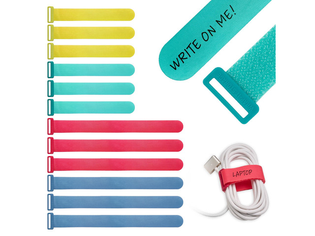 Write On! Cinch Straps - Assorted 12-Pack Colorful Hook and Loop Cord Organizer Straps for Office Desk Accessories to Organize and Label Cable...