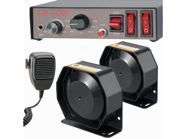 12V 400W 9 Tones Warning Emergency Siren PA System [Slim Speaker][125-135dB][Handheld Microphone][2 x 10A Switches] for Tow Trucks, Construction...