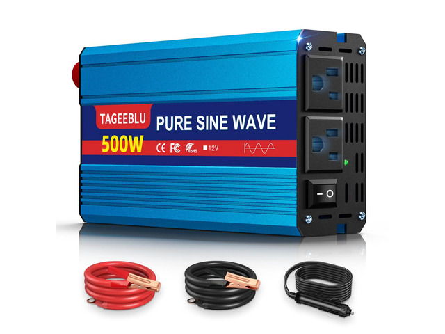 500W Pure Sine Wave Power Inverter 12V DC to 110V 120V AC for Vehicles Car Cigarette Lighter Adapter inverter with 2 AC Outlets, Converter for...