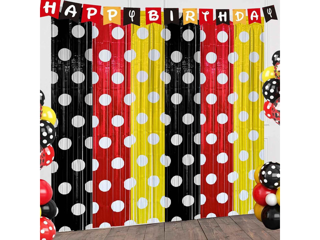 Cartoon Mouse Foil Fringe Curtains 2 Pack 3.2x6.6ft Party Backdrop Red Black and Yellow Tinsel Streamers Backdrop Baby Shower Cartoon Mouse Color...