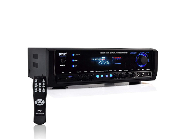 Wireless Home Entertainment Amplifier - 300W 4 Channel Stereo Sound Receiver - Easy Karaoke w/ Dual Mic, USB-A In, RCA In, Aux In, RCA Out, Public...