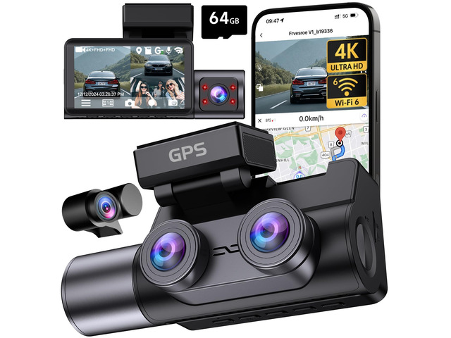 4K Dash Cam Front Rear Inside, 3 Channel Dashcam with WiFi 6 & GPS 4K+1080P+1080P Dash Camera for Cars with 64GB Card, IR Night Vision, 3' IPS,...
