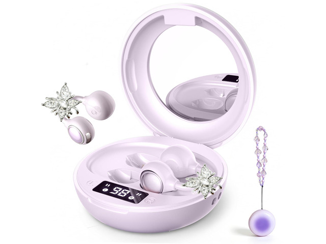 Clip On Open Ear Earbuds with Crystal Butterfly Earrings, Bracelet Bluetooth 6.0 Wireless Headphones for Women Girl Gift, Powder Compact Case...
