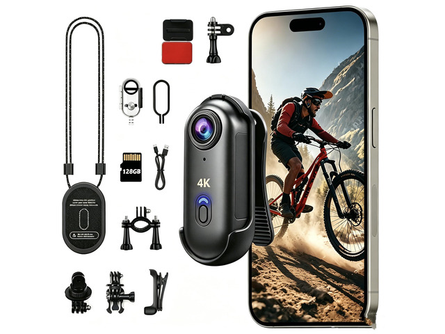 4K 64GB Magnetic Wearable Mini Body Camera, Thumb Size POV Sports Camera, Hands-Free Recording for Cycling, Motorcycle, Vlogging & OutdoorBlack