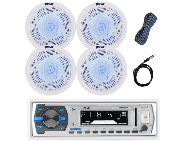 Single DIN Marine Bluetooth USB/AM/FM Stereo Receiver with Remote Control, 4x 6.5'' 240 Watt Peak Power Marine Blue Light LED White Speakers,...