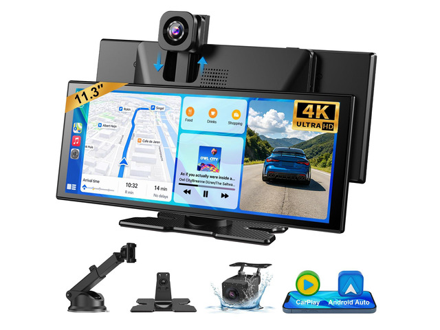 11.3' Wireless CarPlay & Android Auto Screen for car with Dual Cam 4K Dash & 1080P Rear Cam, Touchscreen Apple Car Play Screen, with Voice...