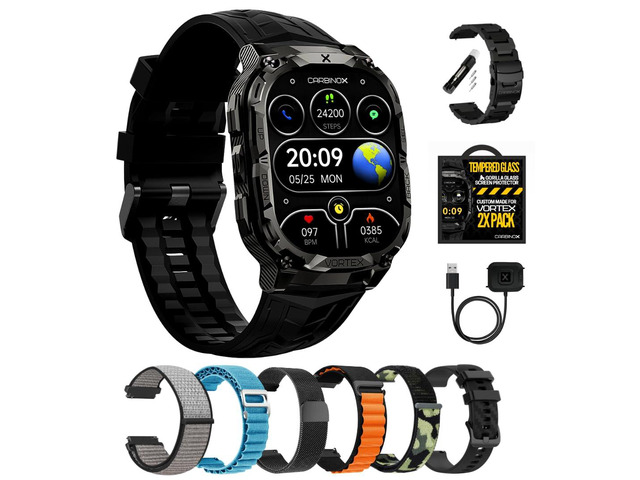 Vortex Smart Watch with Metal Band, Charger, Tempered Glass (2 Pack), Straps Rugged Fitness Tracker IP69K Waterproof Compatible with Android and...