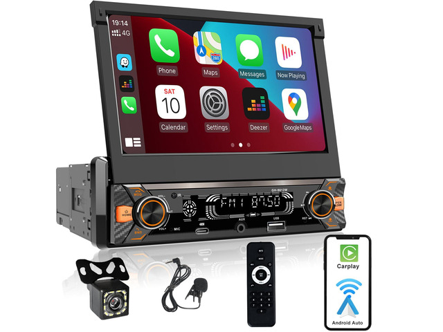 Single Din Car 7' Touchscreen Radio with Wireless Apple CarPlay Motorized Flip out Screen Wireless Android Auto Bluetooth Type-C USB Backup...