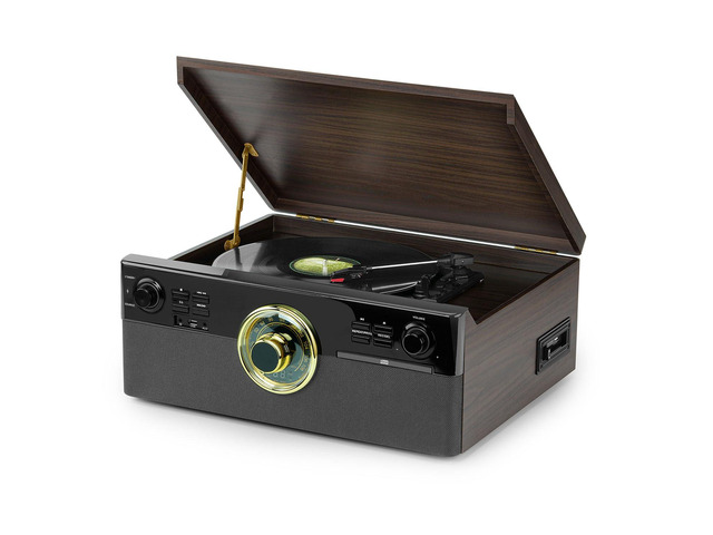 All-in-One Record Player with CD and Cassette Player, Direct-to-USB MP3 Recording, Bluetooth, FM Radio, 3-Speed Turntable and Built-in Stereo Speakers