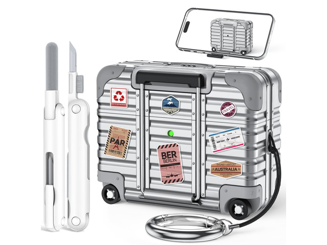 for AirPods Pro 3 Case 2025 with Lock and Phone Stand,Silver Cute Funny Suitcase Design Hard Protection Cover for AirPods Pro 3rd Generation with...