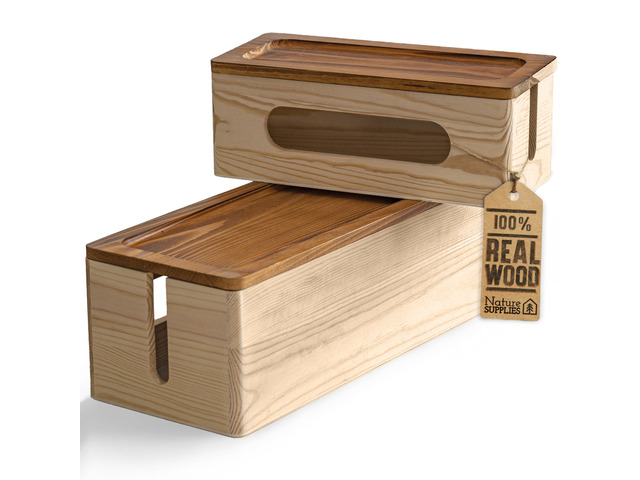 Set of Two Natural Wood Cable Management Box, Large and Medium Cord Organizer to Hide Wires and Power Strips for TV, Desk, Computer, Router, Cable...