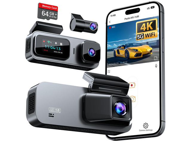 3 Channel 4K Dash Cam Front and Rear Inside, Built-in 5G WiFi, 4K+1080P+1080P Dash Camera for Cars with 64GB Card, Dashcam with Loop Recording,...