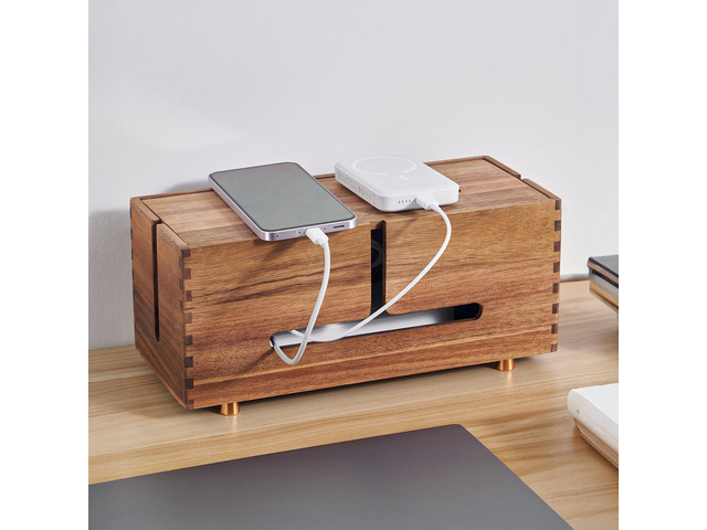 Acacia Wood Cable Management Box - Wooden Cord Hider with 4 Metal Feet, Organizer for Desk & Floor, Power Strip TV Wire Concealer, Under Desk...