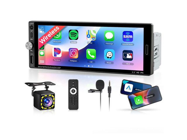 Single Din Car Stereo with Wireless Carplay Android Auto-2025 Upgraded Bluetooth 5.2 Type-C Dual Mic 6.9 Inch IPS Touch Screen Car Radio with...