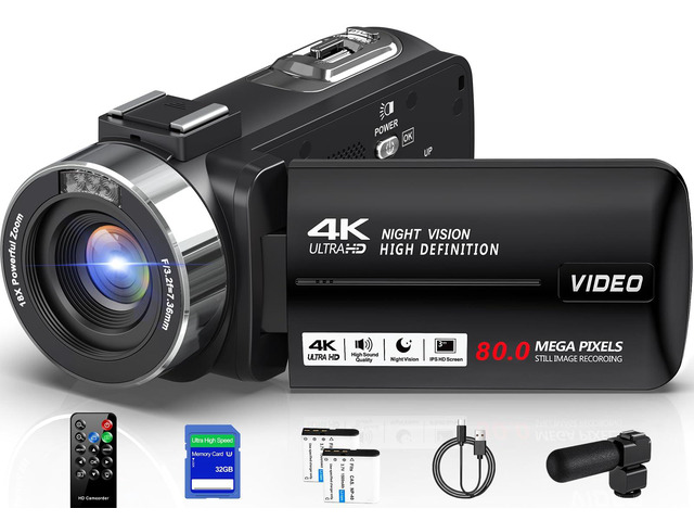 4K Ultra 80MP Camcorder Video Camera Vlogging for YouTube Webcam 18X Digital Zoom,IR Night Vision,3.0' IPS Screen,Video Recorder with 32GB SD...