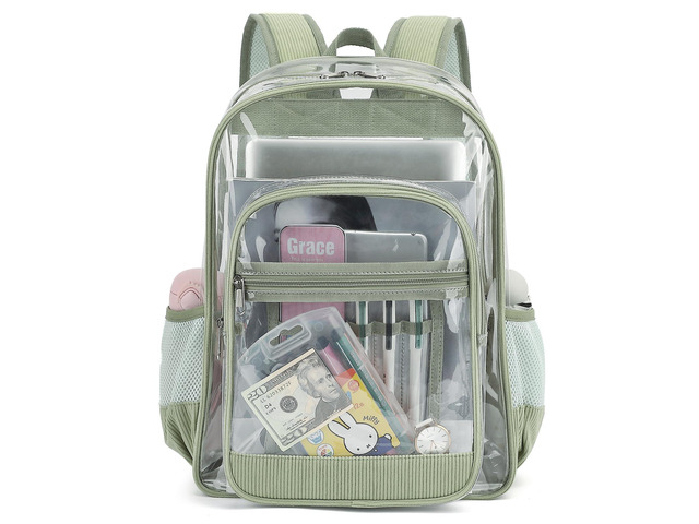 Corduroy Clear Backpack for Girls Women, Heavy Duty Transparent School Backpack PVC See Through College Bookbag (Green)