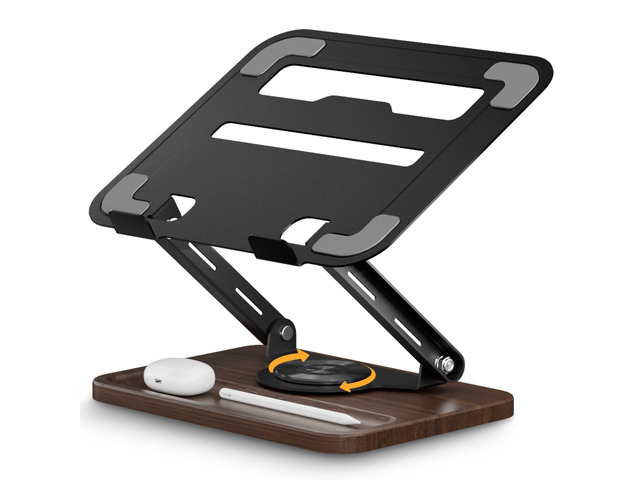 Adjustable Laptop Stand with 360° Rotating Base, Ergonomic Laptop Riser for Desk, Ventilated Notebook Stand with Storage Tray, Wood Base & Silicone...