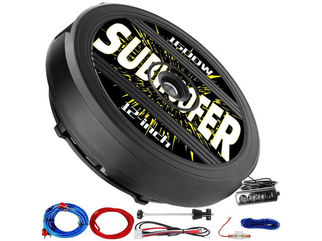 12' Active Spare Tire Subwoofer - 1600W Peak / 200W RMS, Plug & Play Car Subwoofer with Remote Control Specifically Designed for Spare Tire Well...