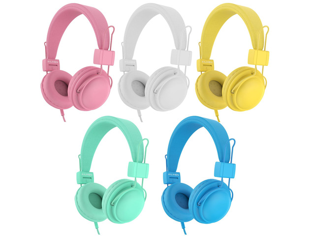 Kids Headphones Wired Bulk 5-Pack for K-12 School Library Travel HD Microphone, 85dB Volume Limit, SharePort, Stickers, 3.5mm Jack for...