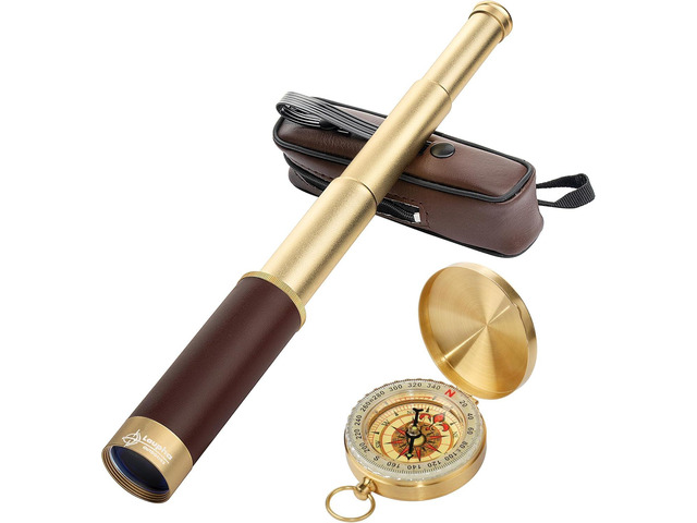 Retro Pirate Telescope Zoomable 25x30 Spyglass Portable Collapsible Handheld Telescope Vintage Monocular for Kids & Survival Gear Compass Pocket...
