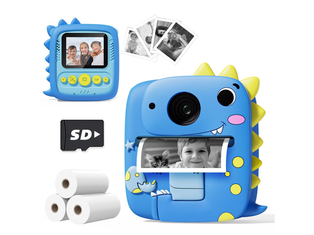 Instant Print Kids Camera with Dinosaur Silicone Case 1080P Toddler Digital Camera, 3 Rolls Print Paper, Birthday for Boys Girls Age 3-8 (Blue)