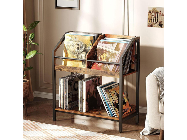 2-Tier Vinyl Record Storage Holder Rack, 250 LP Albums Display Shelf, Wooden Vinyl Storage Rack with Wire Dividers for Records, CDs, Books, Rustic...