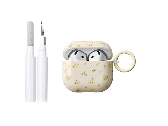 Compatible for Airpods 4 Generation Case with Cleaner Kit, Cute Floral Cream Beige Flower Design Soft TPU Protective Cover with Keychain Girls...